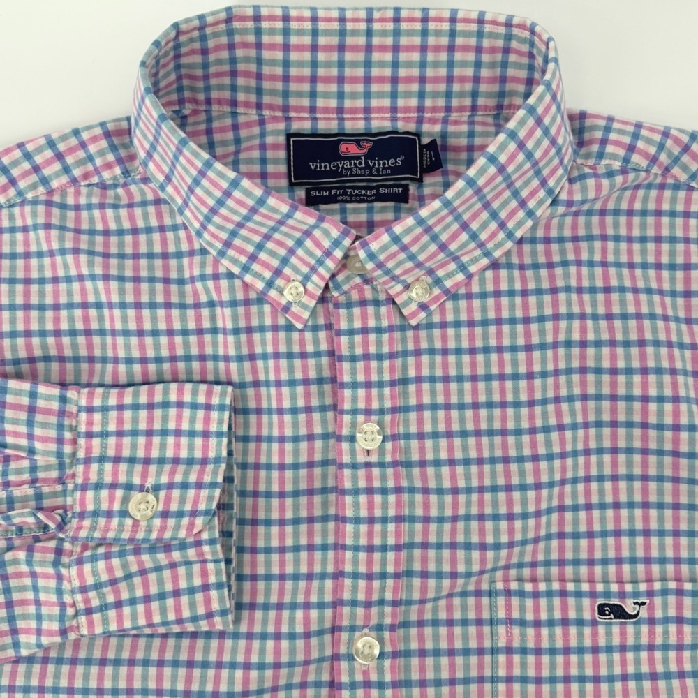Vineyard Vines Slim Fit Tucker Shirt Mens L Pink Blue Gingham Button Down Cotton